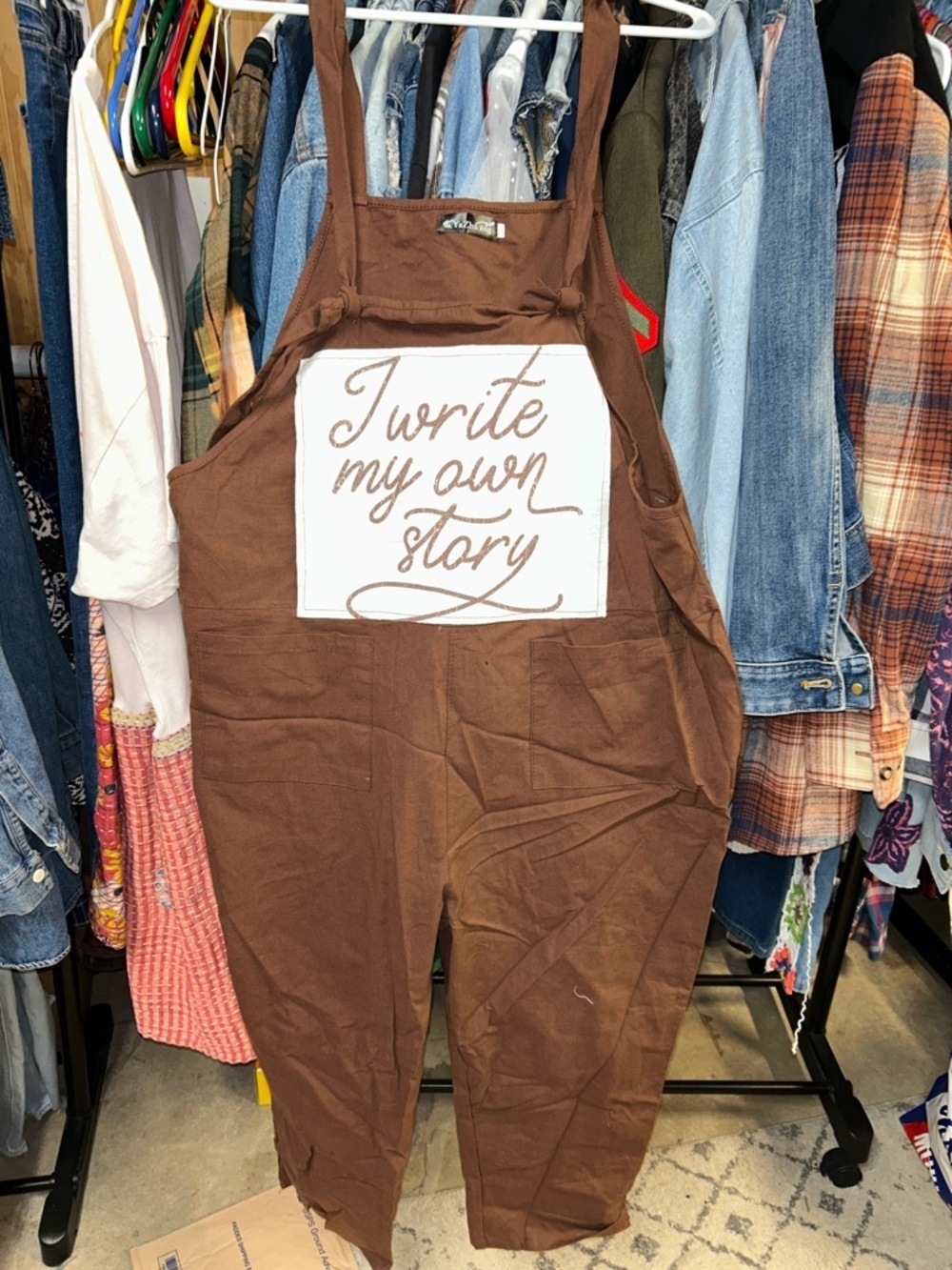 Upcycled Brown Overalls with 'I Write My Own Story' Patch